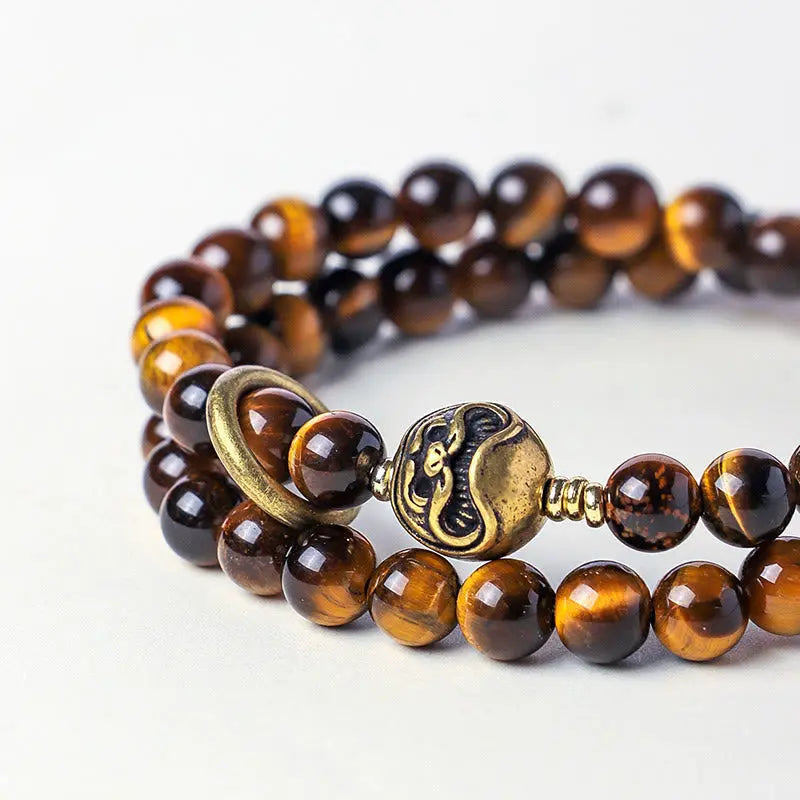 Fortune Jewel Tibetan Black Obsidian Tiger Eye Copper Double Wrap Strength Bracelet Fortune Jewel