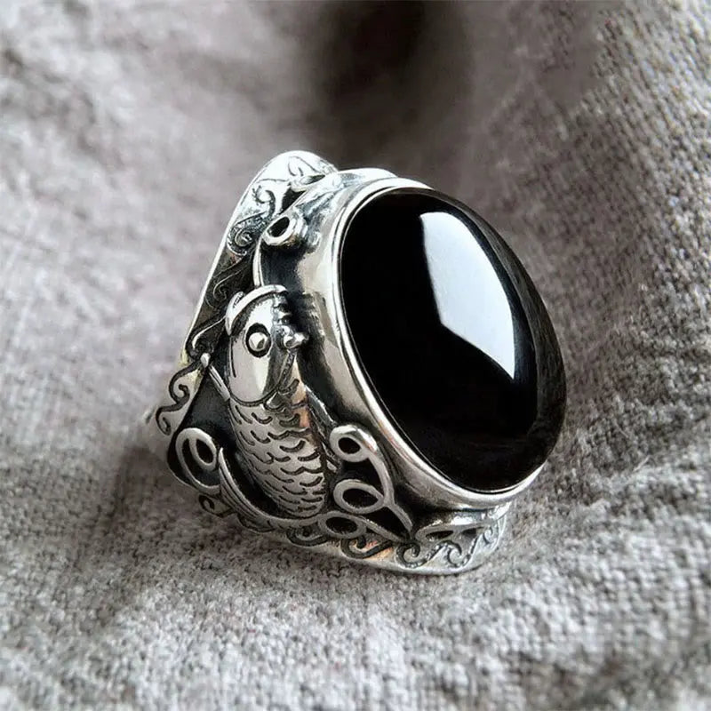 Fortune Jewel Black Obsidian Koi Fish Symbol Strength Adjustable Ring Fortune Jewel