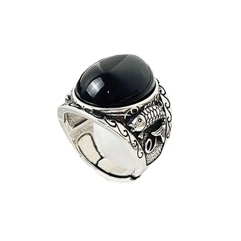 Fortune Jewel Black Obsidian Koi Fish Symbol Strength Adjustable Ring Fortune Jewel
