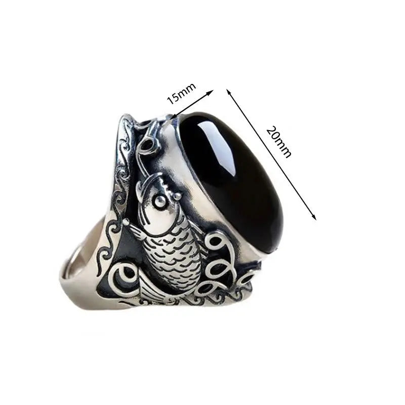 Fortune Jewel Black Obsidian Koi Fish Symbol Strength Adjustable Ring Fortune Jewel