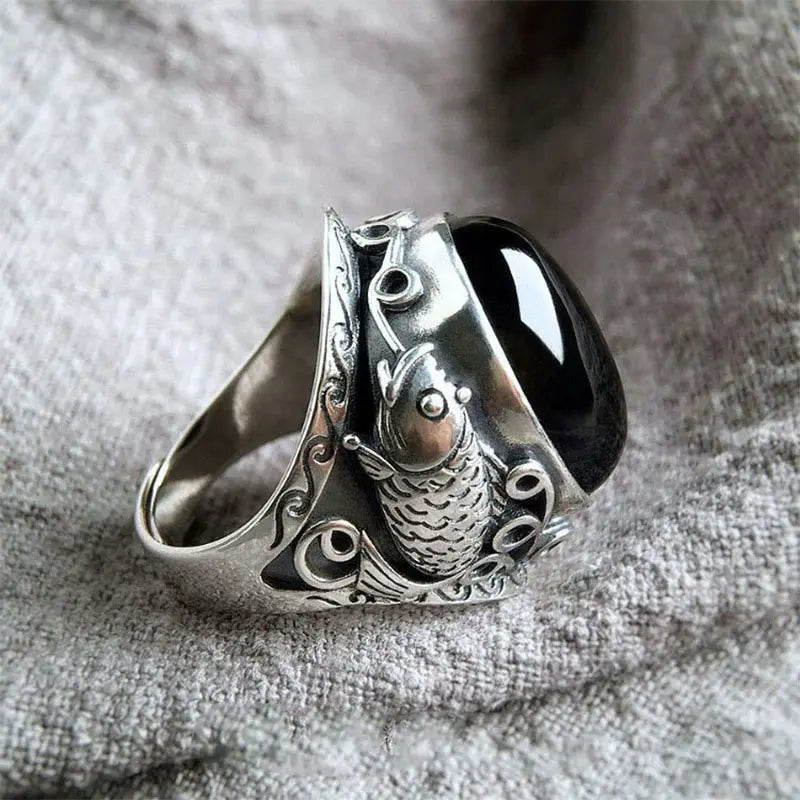 Fortune Jewel Black Obsidian Koi Fish Symbol Strength Adjustable Ring Fortune Jewel