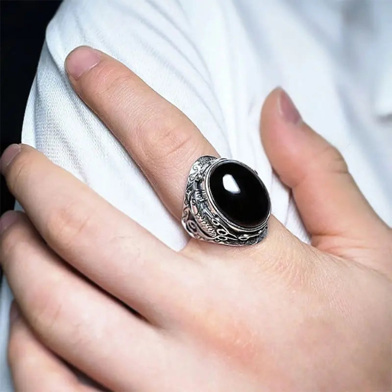 Fortune Jewel Black Obsidian Koi Fish Symbol Strength Adjustable Ring Fortune Jewel