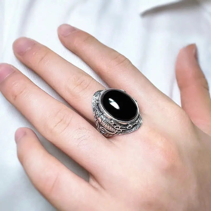 Fortune Jewel Black Obsidian Koi Fish Symbol Strength Adjustable Ring Fortune Jewel