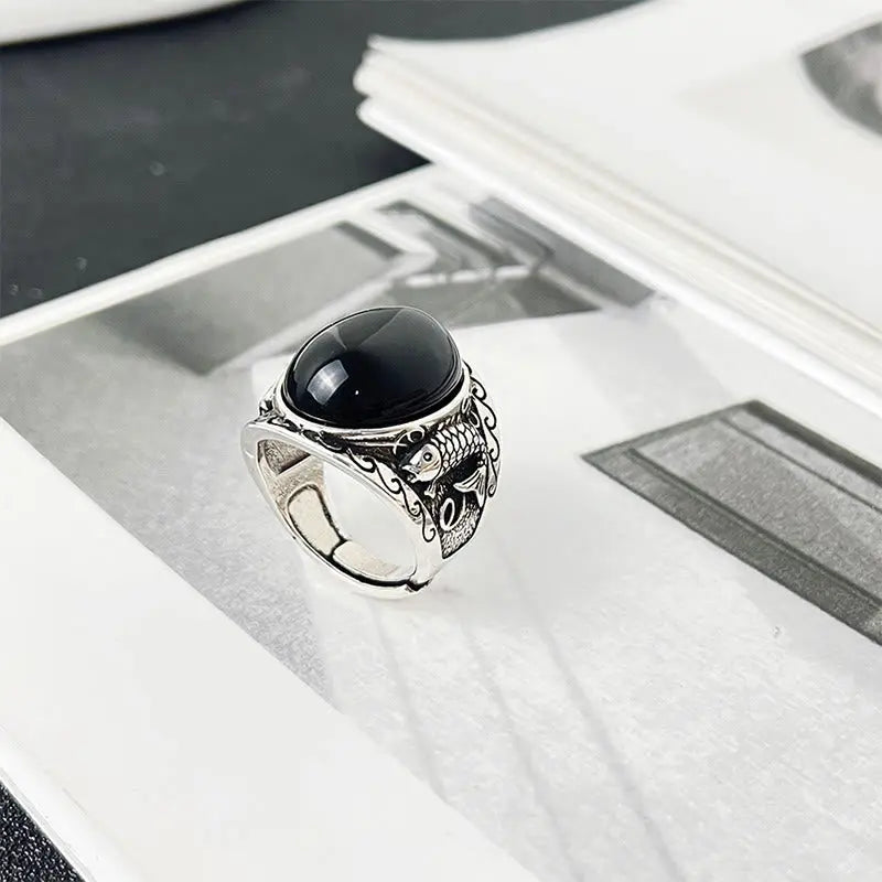Fortune Jewel Black Obsidian Koi Fish Symbol Strength Adjustable Ring Fortune Jewel