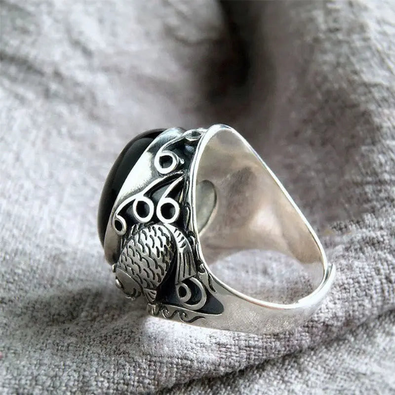 Fortune Jewel Black Obsidian Koi Fish Symbol Strength Adjustable Ring Fortune Jewel