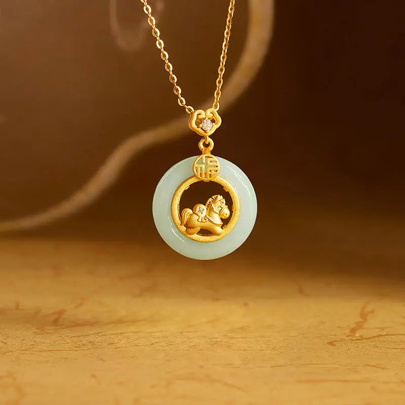 Fortune Jewel 925 Sterling Silver Year Of The Horse Hetian Jade Peace Buckle Luck Necklace Pendant Fortune Jewel