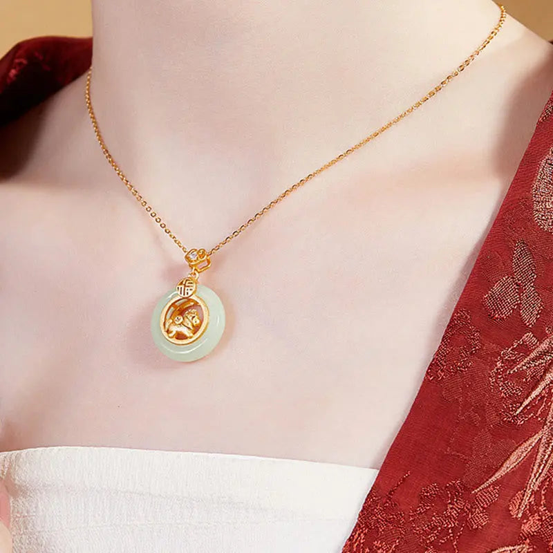 Fortune Jewel 925 Sterling Silver Year Of The Horse Hetian Jade Peace Buckle Luck Necklace Pendant Fortune Jewel