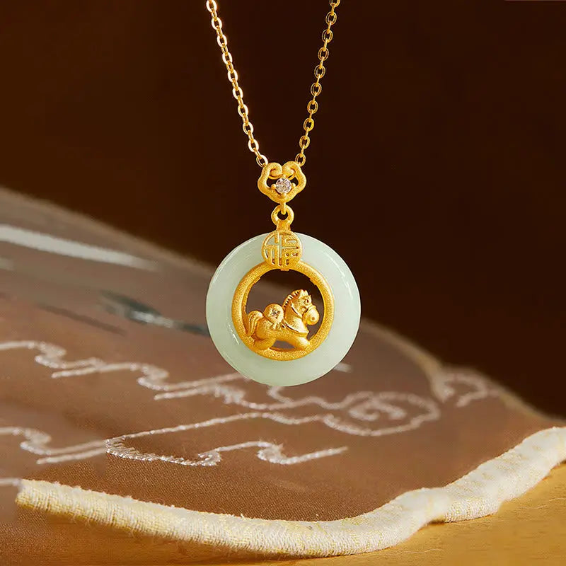 Fortune Jewel 925 Sterling Silver Year Of The Horse Hetian Jade Peace Buckle Luck Necklace Pendant Fortune Jewel