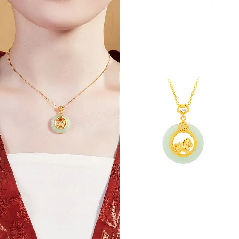 Fortune Jewel 925 Sterling Silver Year Of The Horse Hetian Jade Peace Buckle Luck Necklace Pendant Fortune Jewel