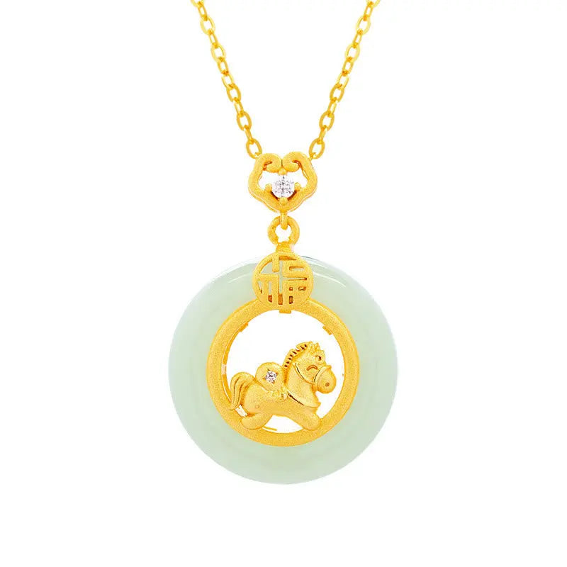 Fortune Jewel 925 Sterling Silver Year Of The Horse Hetian Jade Peace Buckle Luck Necklace Pendant Fortune Jewel