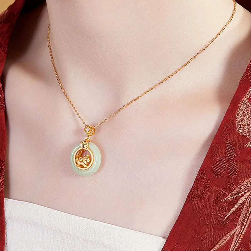 Fortune Jewel 925 Sterling Silver Year Of The Horse Hetian Jade Peace Buckle Luck Necklace Pendant Fortune Jewel