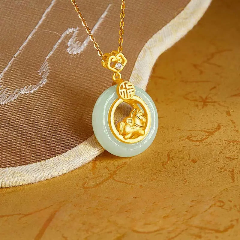 Fortune Jewel 925 Sterling Silver Year Of The Horse Hetian Jade Peace Buckle Luck Necklace Pendant Fortune Jewel