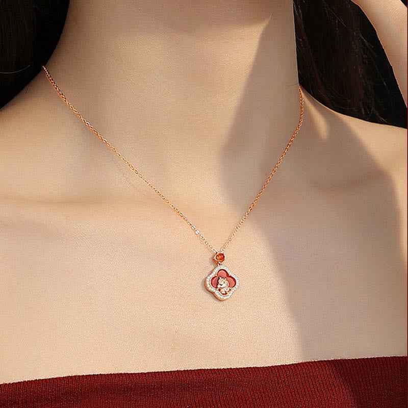 Buddha Stones 925 Sterling Silver Year Of The Horse Four Leaf Clover Red Agate Calm Necklace Pendant
