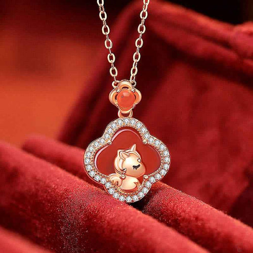 Buddha Stones 925 Sterling Silver Year Of The Horse Four Leaf Clover Red Agate Calm Necklace Pendant