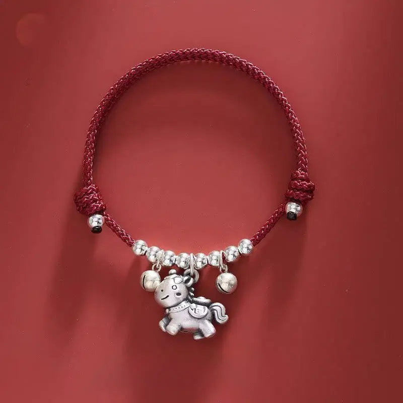 Fortune Jewel Year of the Horse 999 Sterling Silver String Braided Protection Bracelet Fortune Jewel