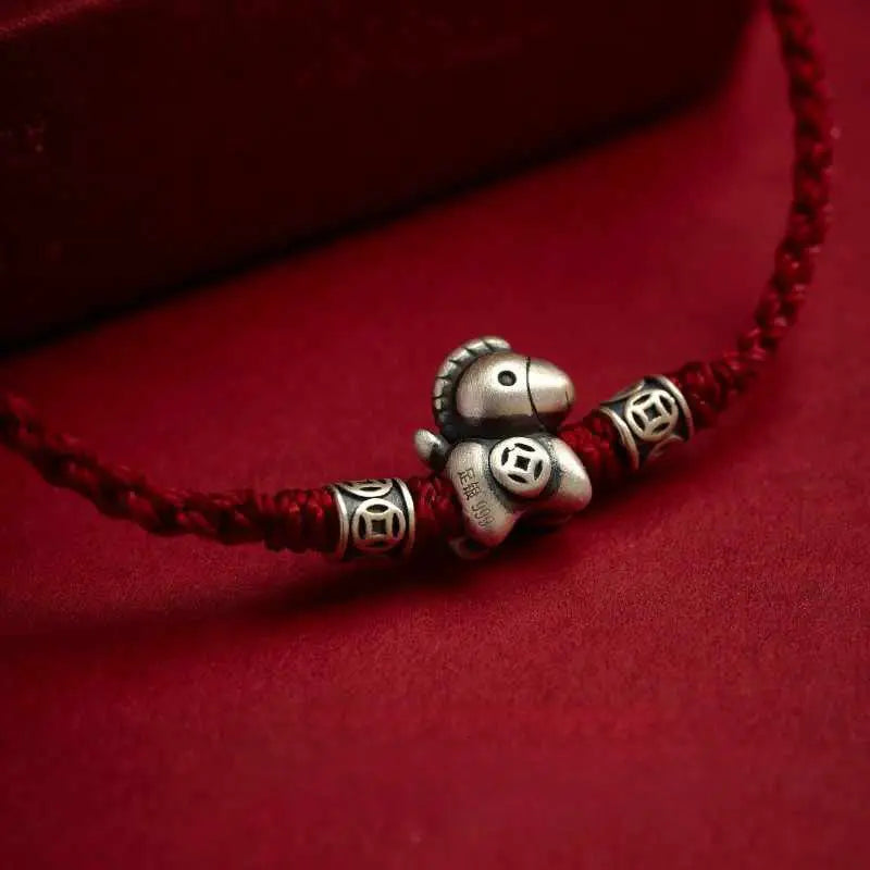 Fortune Jewel Year of the Horse 999 Sterling Silver String Braided Protection Bracelet Fortune Jewel