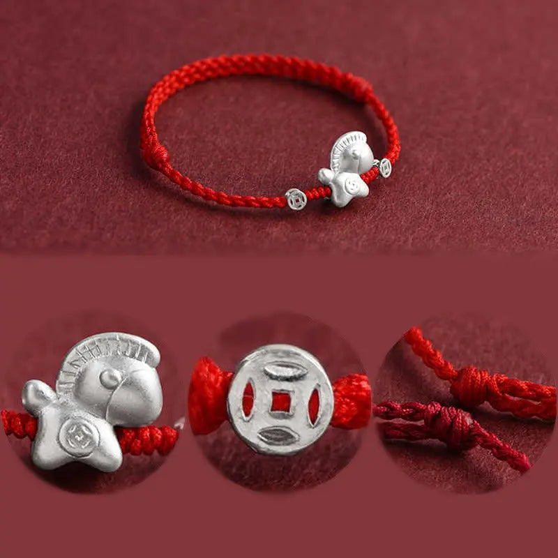 Fortune Jewel Year of the Horse 999 Sterling Silver Copper Coins Luck Rope Braided Bracelet Anklet Fortune Jewel