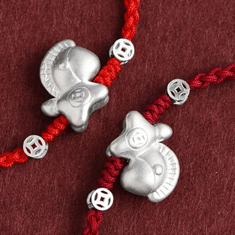 Fortune Jewel Year of the Horse 999 Sterling Silver Copper Coins Luck Rope Braided Bracelet Anklet Fortune Jewel
