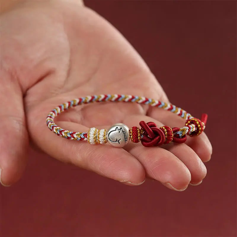 Fortune Jewel Year of the Horse 999 Sterling Silver Dunhuang Color String Braided Luck Bracelet Fortune Jewel