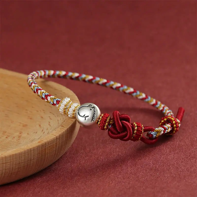 Fortune Jewel Year of the Horse 999 Sterling Silver Dunhuang Color String Braided Luck Bracelet Fortune Jewel