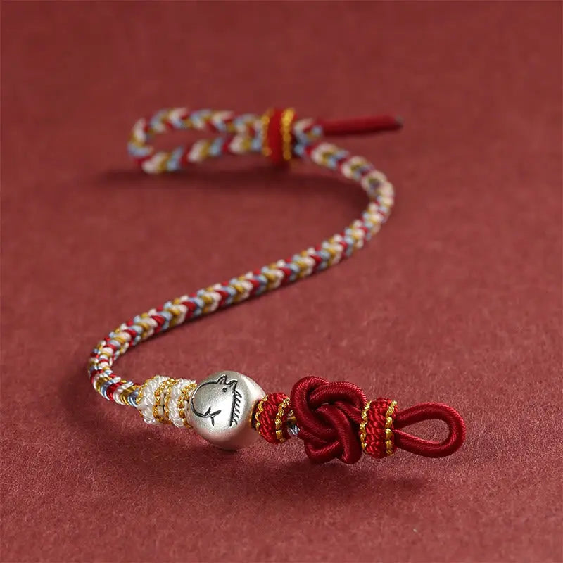 Fortune Jewel Year of the Horse 999 Sterling Silver Dunhuang Color String Braided Luck Bracelet Fortune Jewel