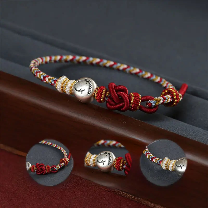 Fortune Jewel Year of the Horse 999 Sterling Silver Dunhuang Color String Braided Luck Bracelet Fortune Jewel