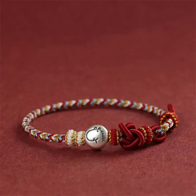 Fortune Jewel Year of the Horse 999 Sterling Silver Dunhuang Color String Braided Luck Bracelet Fortune Jewel