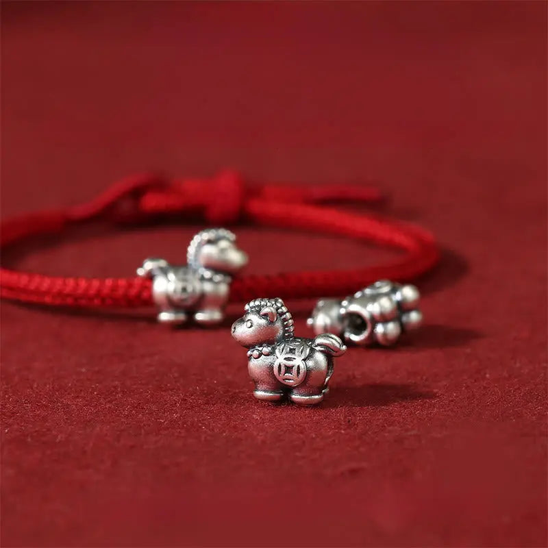 Fortune Jewel Year of the Horse 999 Sterling Silver Red String Copper Coins Braided Luck Bracelet Fortune Jewel