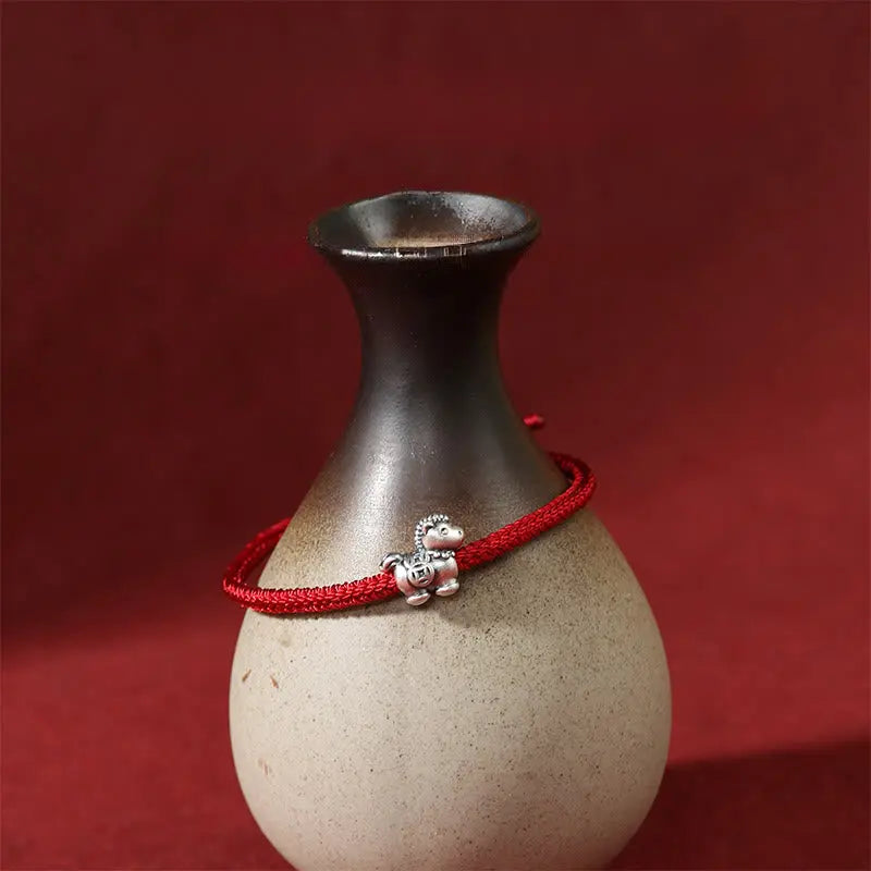 Fortune Jewel Year of the Horse 999 Sterling Silver Red String Copper Coins Braided Luck Bracelet Fortune Jewel