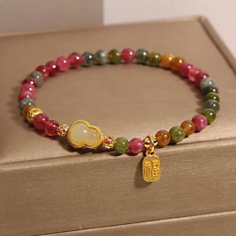 Fortune Jewel Tourmaline Colorful Stone Fu Character Positive Bracelet Fortune Jewel