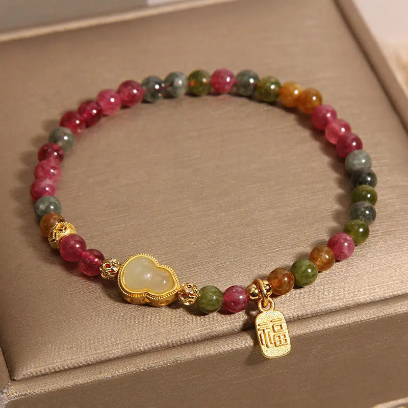 Fortune Jewel Tourmaline Colorful Stone Fu Character Positive Bracelet Fortune Jewel
