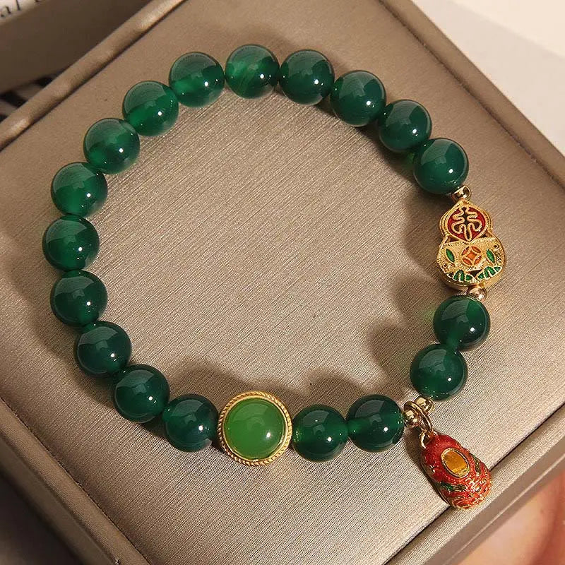 Fortune Jewel Natural Green Agate Gourd Tiger Shoes Pattern Hope Bracelet Fortune Jewel