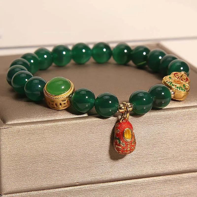 Fortune Jewel Natural Green Agate Gourd Tiger Shoes Pattern Hope Bracelet Fortune Jewel