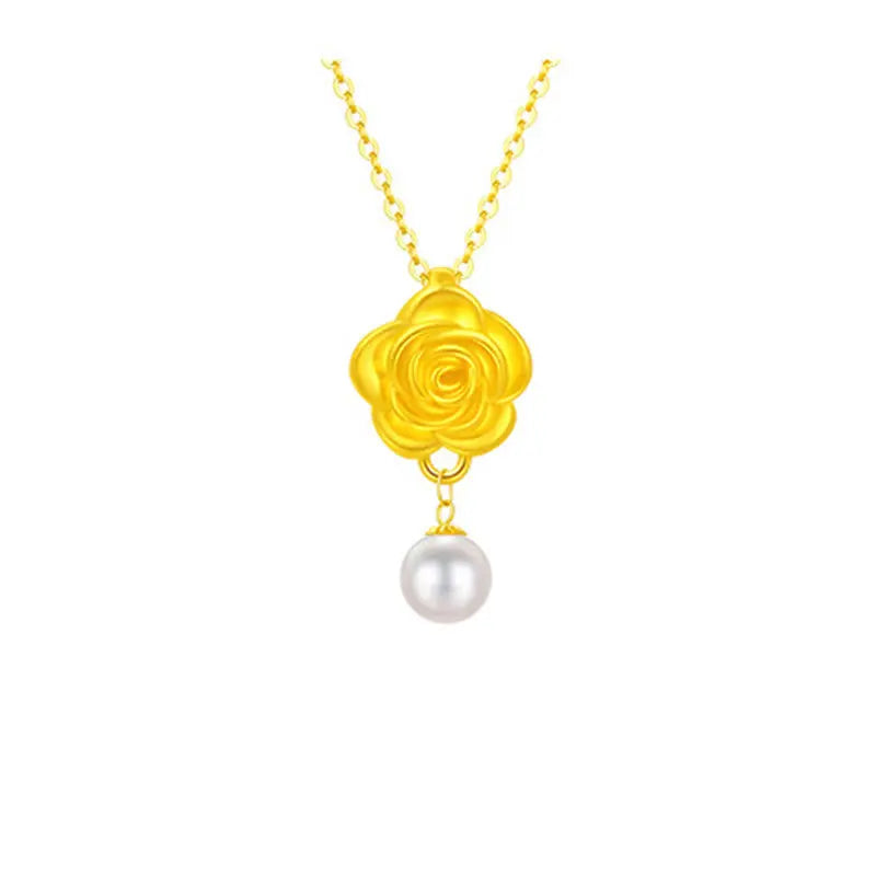 Fortune Jewel 999 Sterling Silver Plated Gold Camellia Pearl Healing Necklace Pendant Fortune Jewel