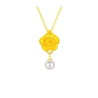 Fortune Jewel 999 Sterling Silver Plated Gold Camellia Pearl Healing Necklace Pendant Fortune Jewel