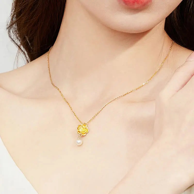 Fortune Jewel 999 Sterling Silver Plated Gold Camellia Pearl Healing Necklace Pendant Fortune Jewel