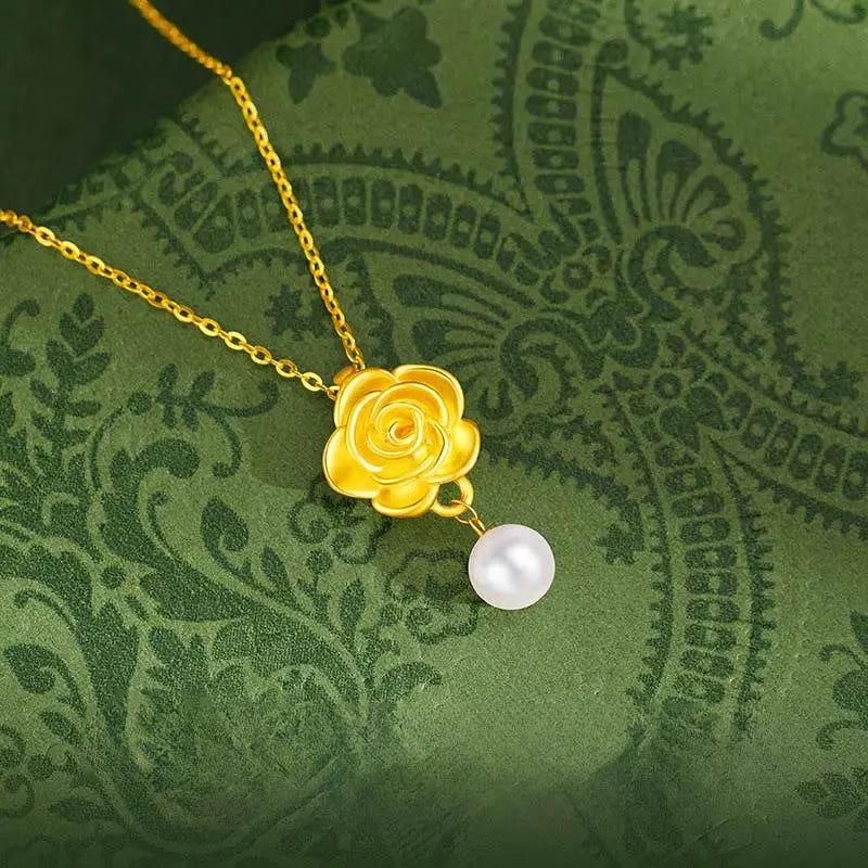 Fortune Jewel 999 Sterling Silver Plated Gold Camellia Pearl Healing Necklace Pendant Fortune Jewel