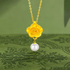 Fortune Jewel 999 Sterling Silver Plated Gold Camellia Pearl Healing Necklace Pendant Fortune Jewel