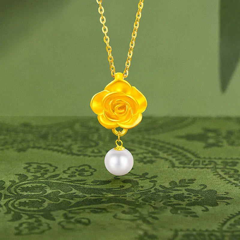 Fortune Jewel 999 Sterling Silver Plated Gold Camellia Pearl Healing Necklace Pendant Fortune Jewel