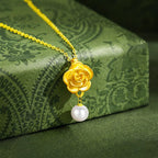 Fortune Jewel 999 Sterling Silver Plated Gold Camellia Pearl Healing Necklace Pendant Fortune Jewel