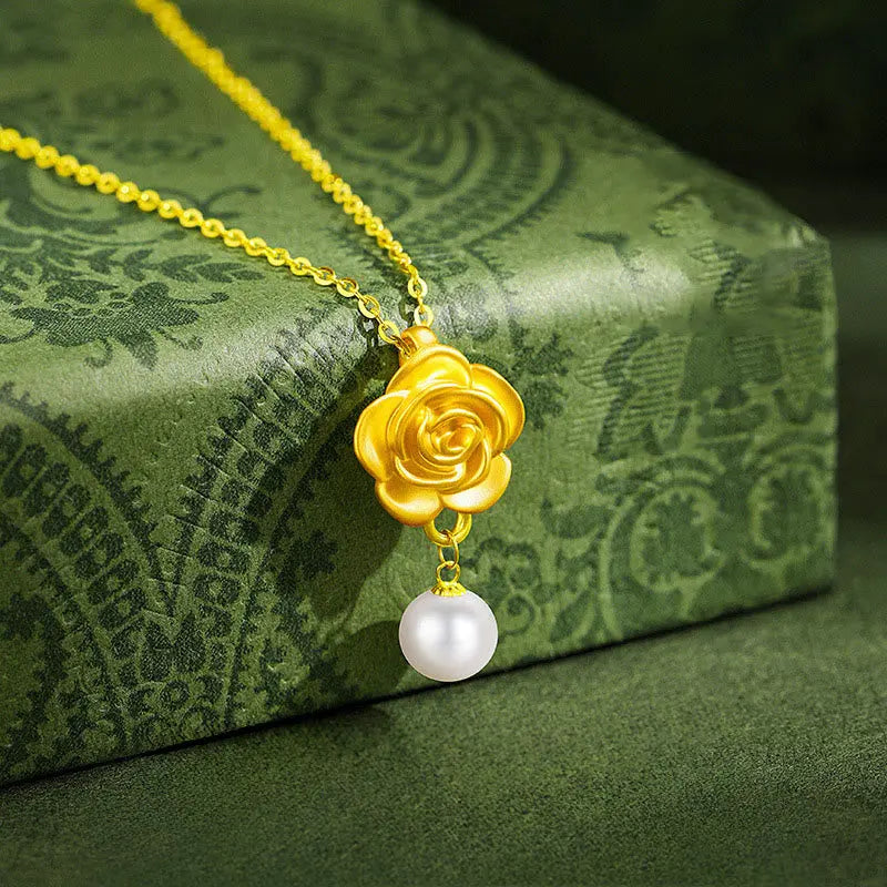 Fortune Jewel 999 Sterling Silver Plated Gold Camellia Pearl Healing Necklace Pendant Fortune Jewel