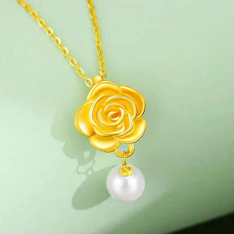 Fortune Jewel 999 Sterling Silver Plated Gold Camellia Pearl Healing Necklace Pendant Fortune Jewel
