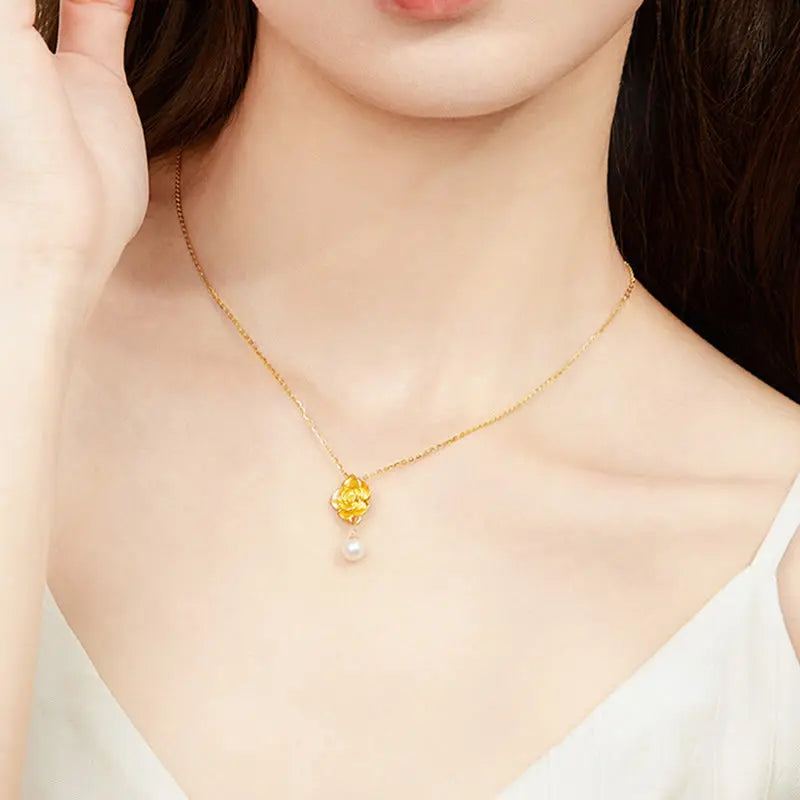 Fortune Jewel 999 Sterling Silver Plated Gold Camellia Pearl Healing Necklace Pendant Fortune Jewel