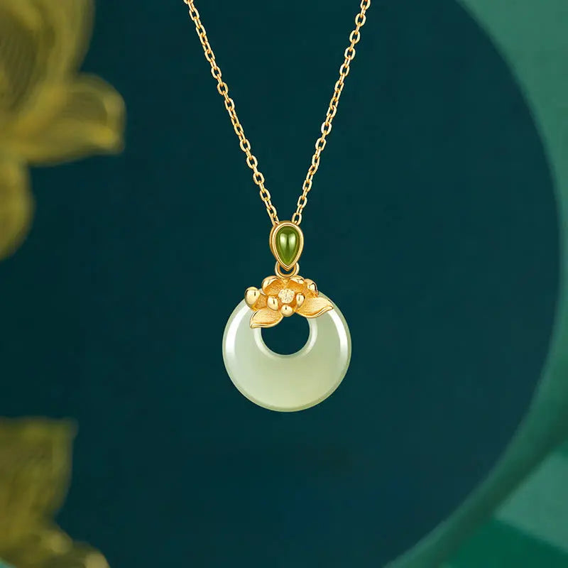 Fortune Jewel 925 Sterling Silver Plated Gold Hetian Jade Lotus Luck Necklace Pendant Fortune Jewel