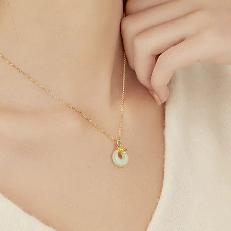 Fortune Jewel 925 Sterling Silver Plated Gold Hetian Jade Lotus Luck Necklace Pendant Fortune Jewel