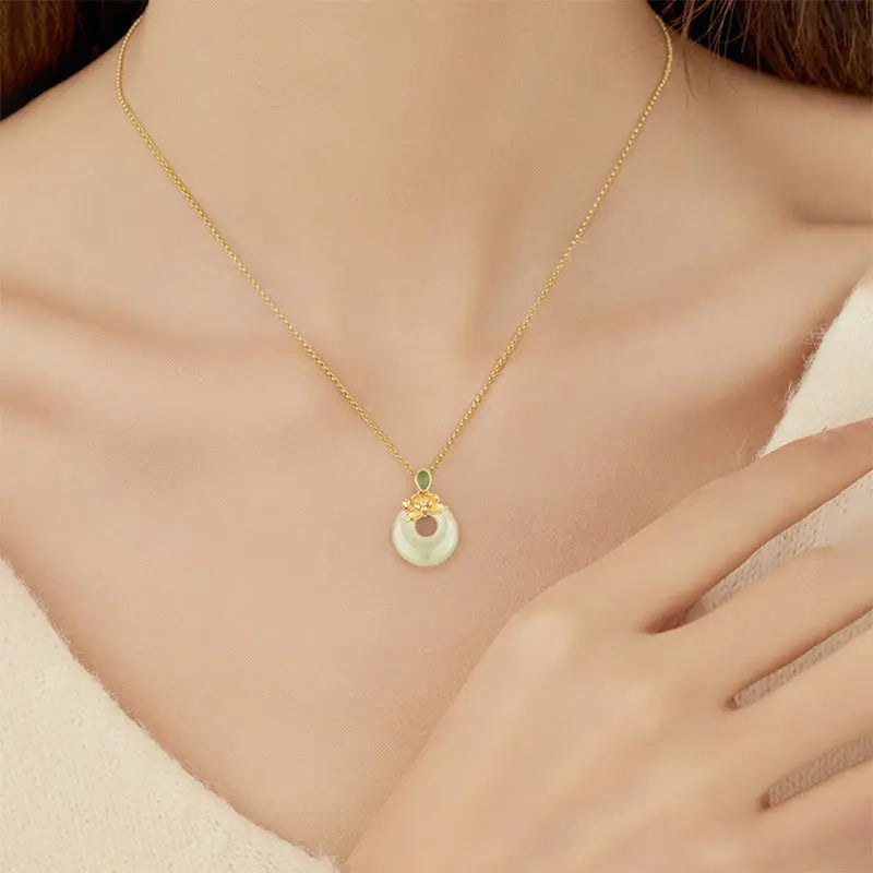 Fortune Jewel 925 Sterling Silver Plated Gold Hetian Jade Lotus Luck Necklace Pendant Fortune Jewel