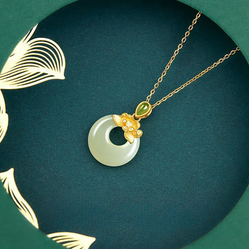 Fortune Jewel 925 Sterling Silver Plated Gold Hetian Jade Lotus Luck Necklace Pendant Fortune Jewel
