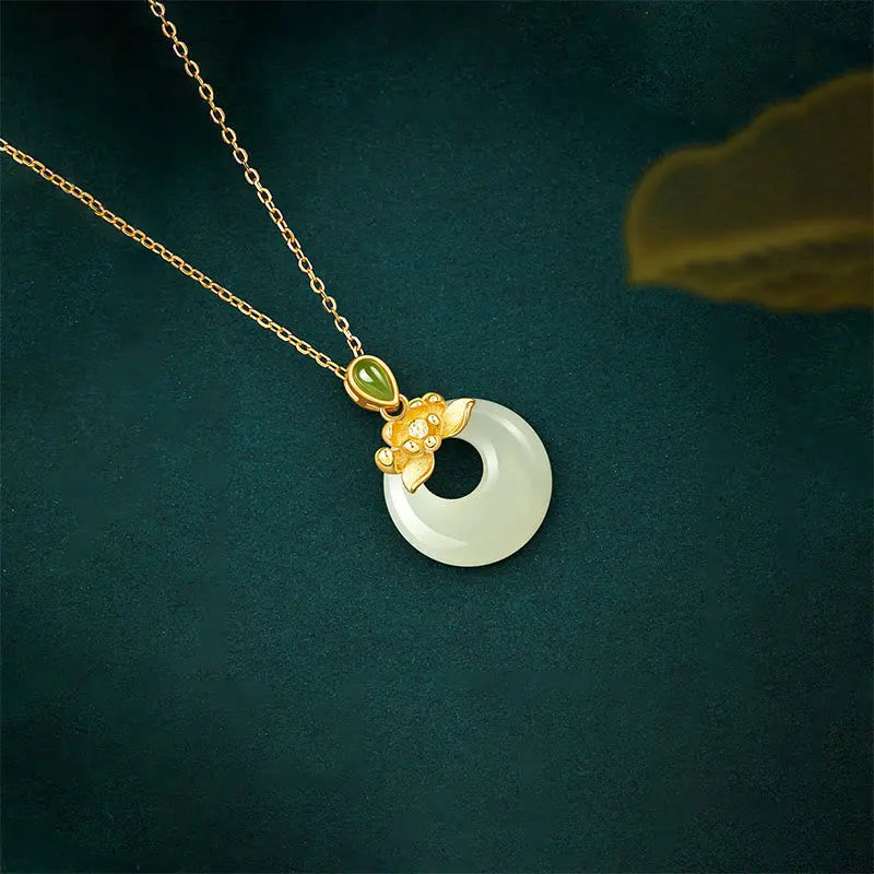 Fortune Jewel 925 Sterling Silver Plated Gold Hetian Jade Lotus Luck Necklace Pendant Fortune Jewel