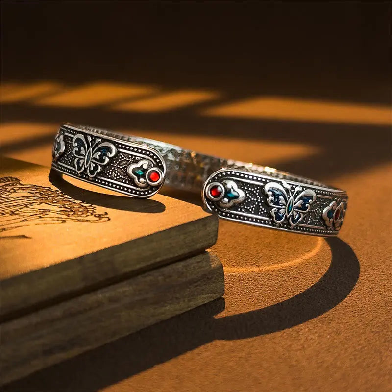 Fortune Jewel Heart Sutra Butterfly Copper Enamel Healing Open Adjustable Bracelet Bangle Fortune Jewel