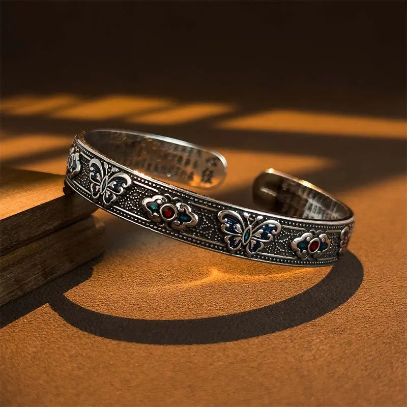 Fortune Jewel Heart Sutra Butterfly Copper Enamel Healing Open Adjustable Bracelet Bangle Fortune Jewel